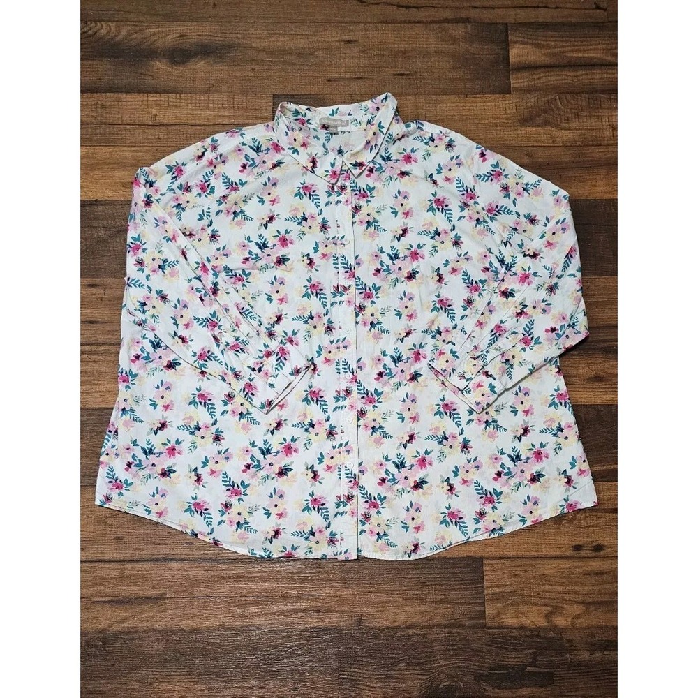 Woman Within Button Down Floral Shirt 4X White Pink Boho Feminine Romantic